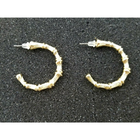 Gold Hoop Earrings Bamboo Shaped 1.25" Drop - Picture 2 of 2
